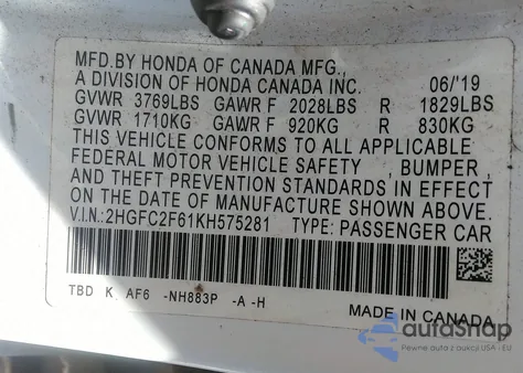 2019 Honda Civic Lx из США, поврежденный, VIN 2HGFC2F61KH575281